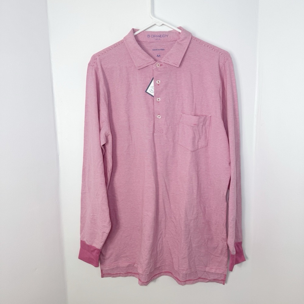 B. Draddy USA Jack Long Sleeve Polo Shirt Size M Men's Pink Stripe Pima Cotton